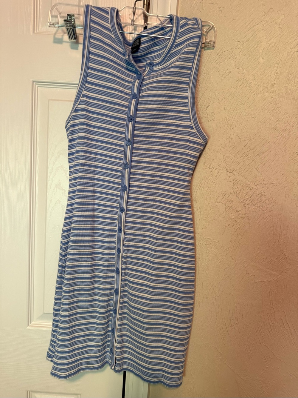 Sleeveless Blue & White Striped Button-Front skater Dress